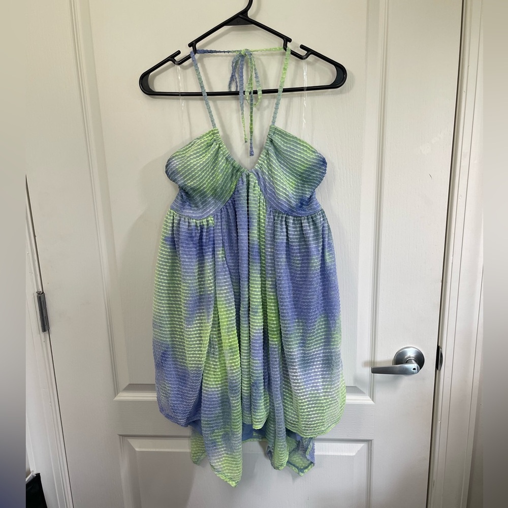 Wild Fable Women's size M Blue & Green Tie Dye Mini Ruffle Babydoll Dress NWT